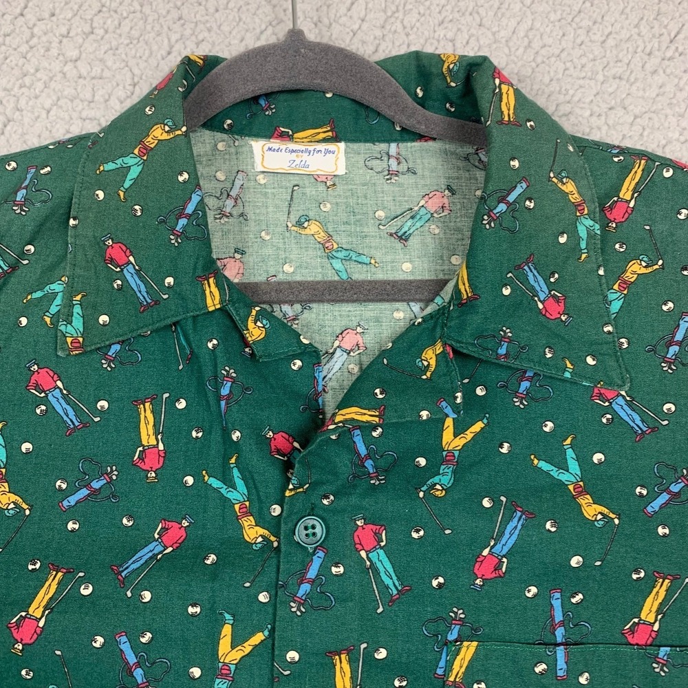 Vintage Golf Print Button Up Shirt Green Novelty‎ Golfer Handmade XXL
